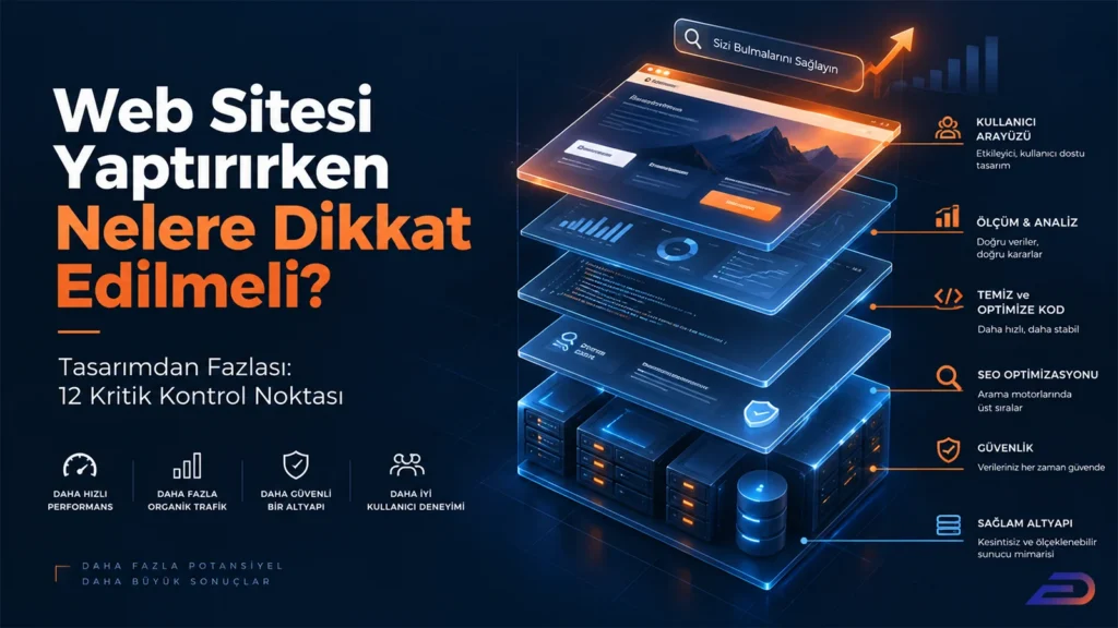 Digital Plus "Web Sitesi Yaptırırken Nelere Dikkat Edilmeli?" kapak görseli: En altta sağlam altyapı (sunucular) ile başlayıp, sırasıyla güvenlik, SEO optimizasyonu, temiz/optimize kod, ölçüm & analiz ve en üstte kullanıcı arayüzü katmanlarından oluşan, mavi ve turuncu neon ışıklarla vurgulanmış 3D dijital sistem mimarisi.