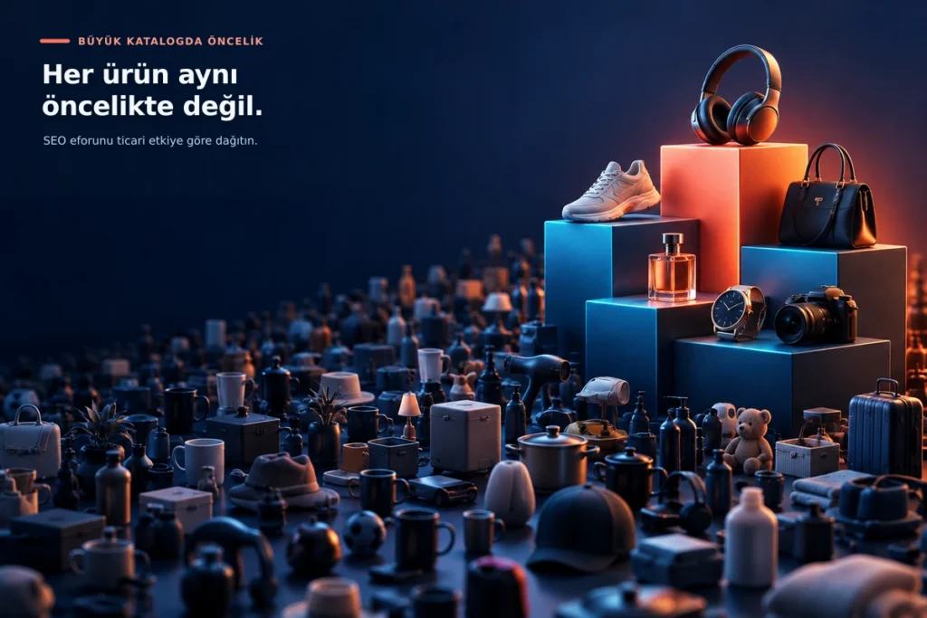 Geniş ürün kataloğunda SEO çalışmalarını ticari etkisi yüksek ürünlere göre önceliklendirmeyi anlatan görsel.