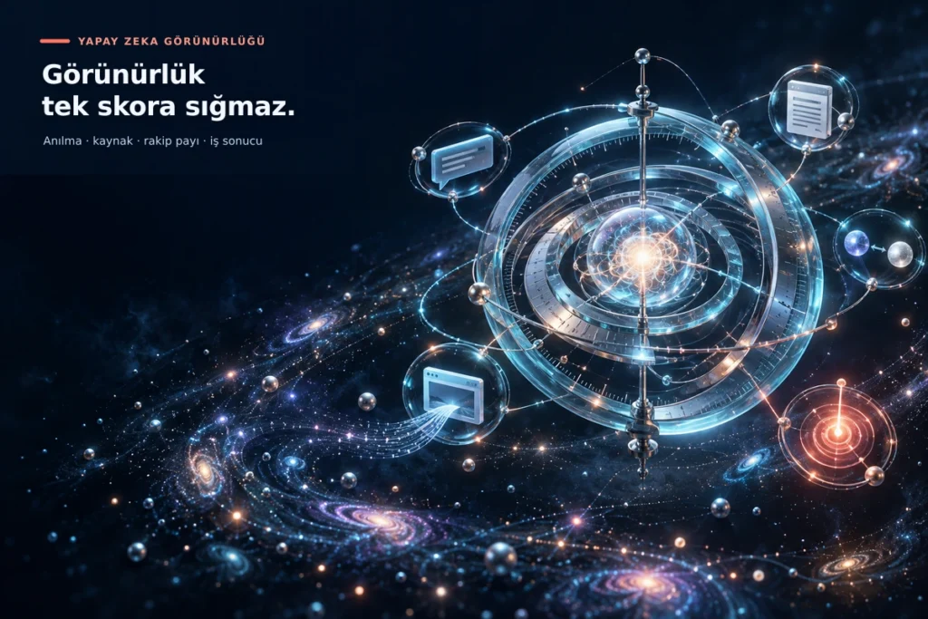 Yapay zeka görünürlüğünün marka anılma oranı, kaynak gösterimi, rakip payı ve iş sonucu gibi farklı ölçüm katmanlarını gösteren görsel.