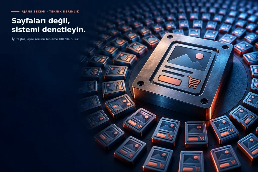Tek bir e-ticaret ürün sayfası şablonunun çok sayıda URL’ye yansımasını simgeleyen metal kalıp ve çoğalan kartlar.