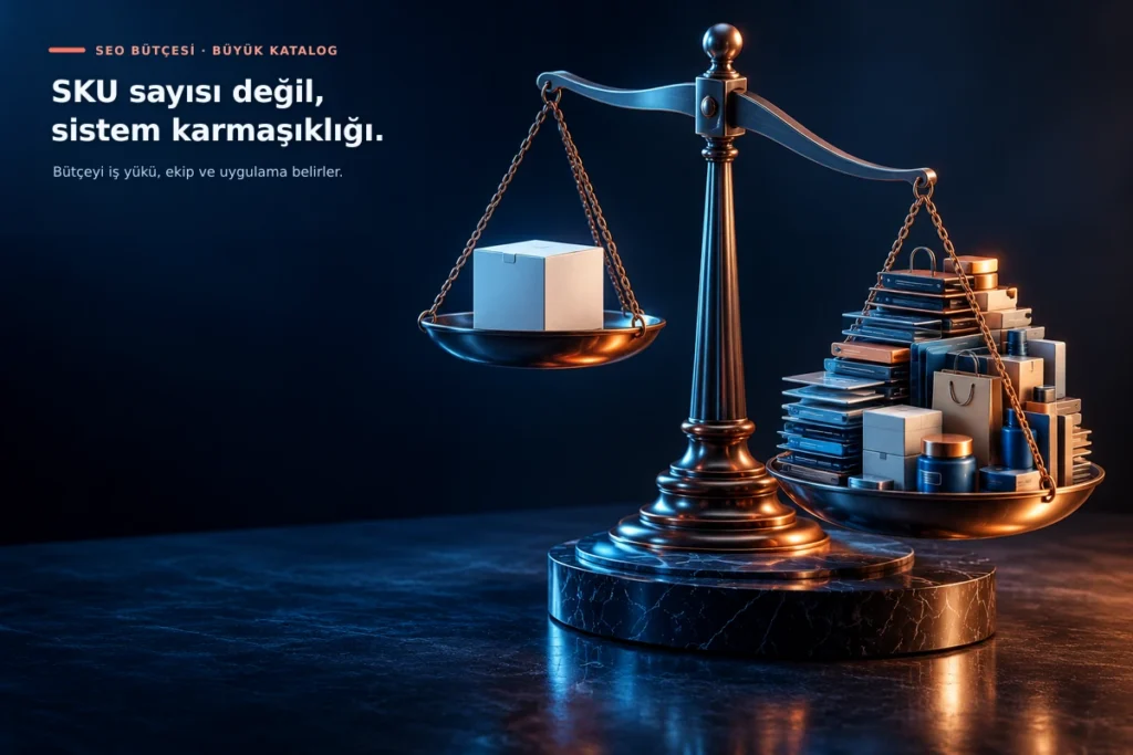 Tek ürün kutusunu daha kapsamlı bir SEO iş yüküyle tartan terazi; bütçenin SKU adedinden çok sistem karmaşıklığına bağlı olduğunu anlatıyor.