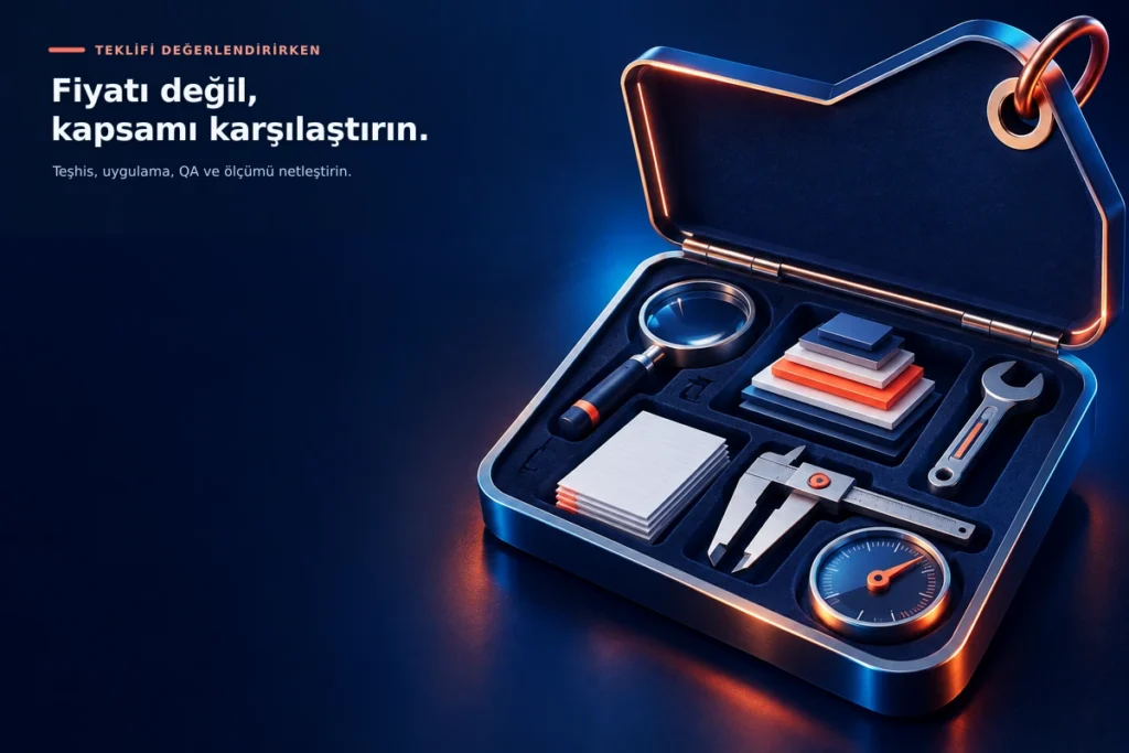 Açık teklif çantasında teşhis büyüteci, içerik sayfaları, teknik uygulama aracı ve ölçüm göstergesi; SEO teklif kapsamını simgeliyor.