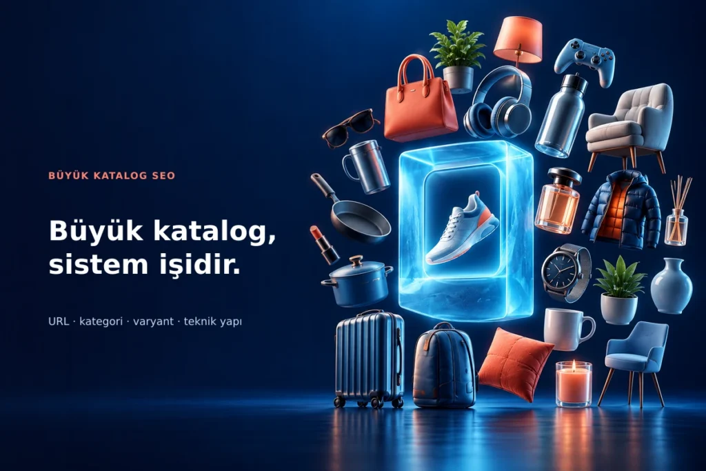 Büyük e-ticaret kataloğunda farklı kategorilerdeki ürünlerin merkezi bir ürün yapısı çevresinde toplandığını simgeleyen görsel.