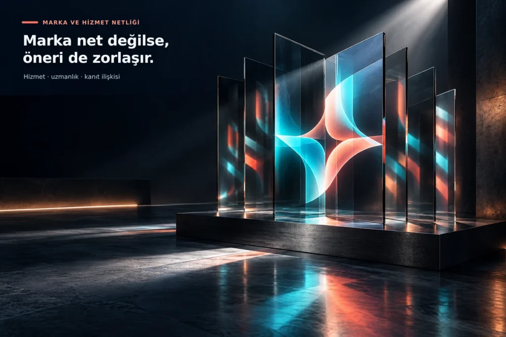 Cam katmanların tek bir ışıklı şekle hizalanması, marka, hizmet, uzmanlık ve kanıt ilişkisinin net kurulmasını simgeliyor.