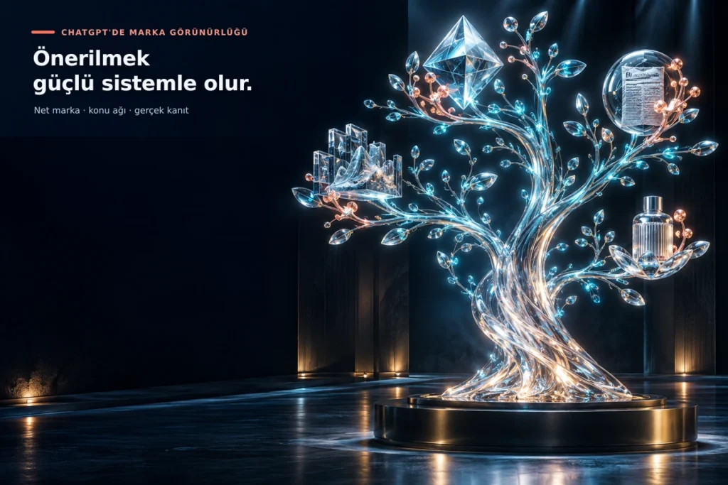 Marka kimliğini hizmet, konu ağı ve gerçek kanıtlarla ilişkilendiren cam ağaç heykeli; ChatGPT’de önerilmenin bütünlüklü bir sistem gerektirdiğini simgeliyor.