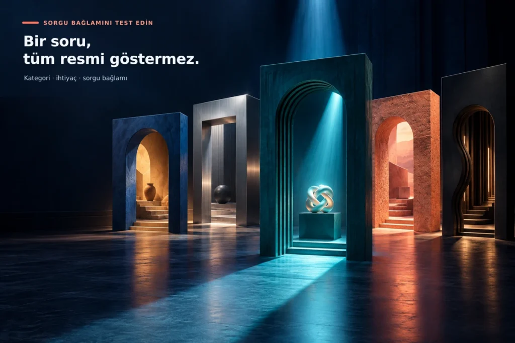 Farklı kullanıcı ihtiyaçlarını temsil eden kapılardan birinin aydınlatılması, ChatGPT görünürlüğünün sorgu bağlamına göre değişebileceğini simgeliyor.