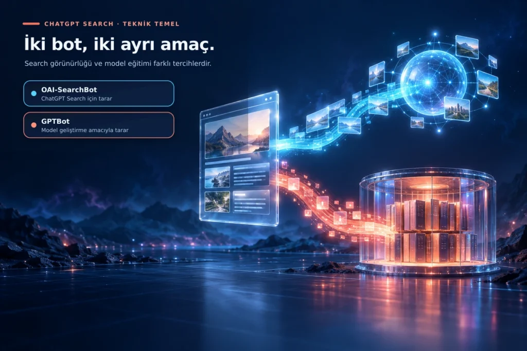 OAI-SearchBot’un ChatGPT Search için, GPTBot’un model geliştirme amacıyla tarama yaptığını gösteren görsel.