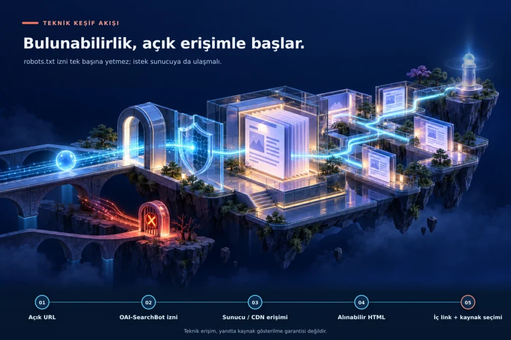 chatGPT Search keşif yolu: açık URL, OAI-SearchBot izni, sunucu ve CDN erişimi, alınabilir HTML ve iç bağlantılarla kaynak seçimi