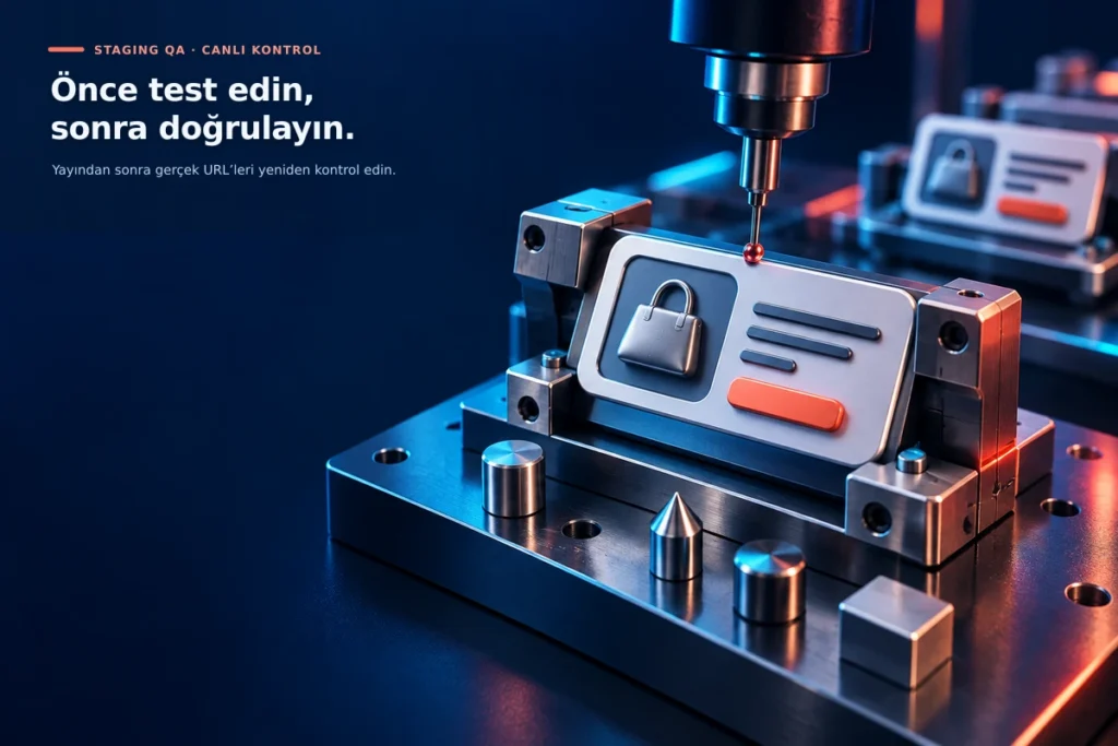 Bir e-ticaret sayfa bileşeninin hassas ölçüm cihazıyla kalite testinden geçirilmesi; staging QA ve canlı sonrası doğrulamayı anlatıyor.