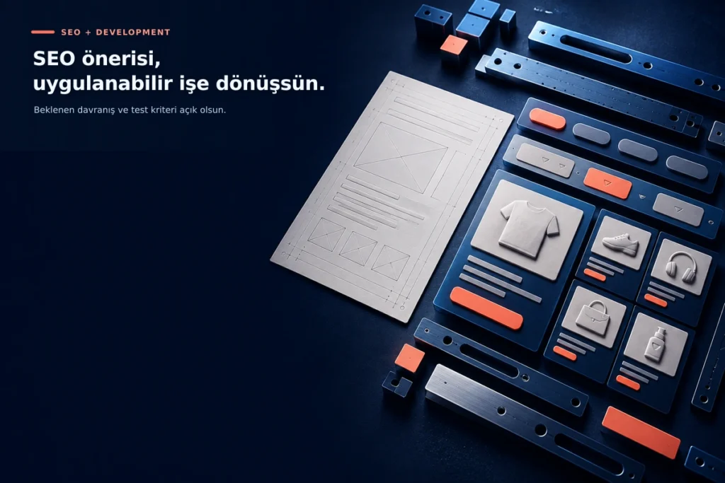 Teknik çizim ve modüler e-ticaret sayfa bileşenleri; SEO gereksiniminin uygulanabilir teknik işe dönüşmesini simgeliyor.