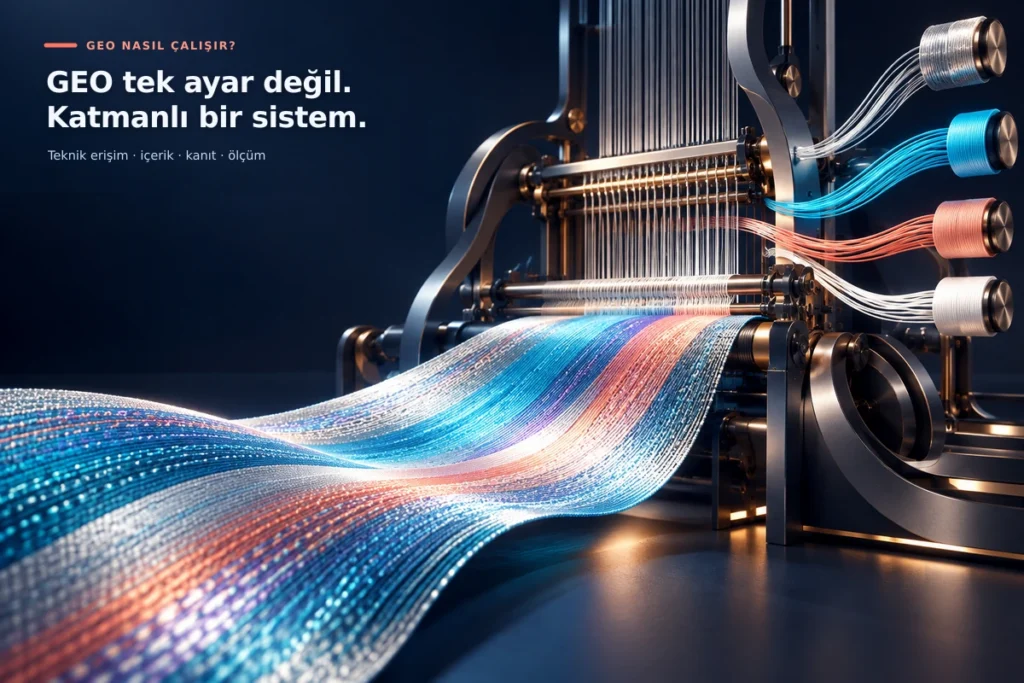 Farklı sinyalleri tek bir yanıtta birleştiren dokuma tezgâhı, GEO’nun teknik erişim, içerik, kanıt ve ölçüm katmanlarını simgeliyor.