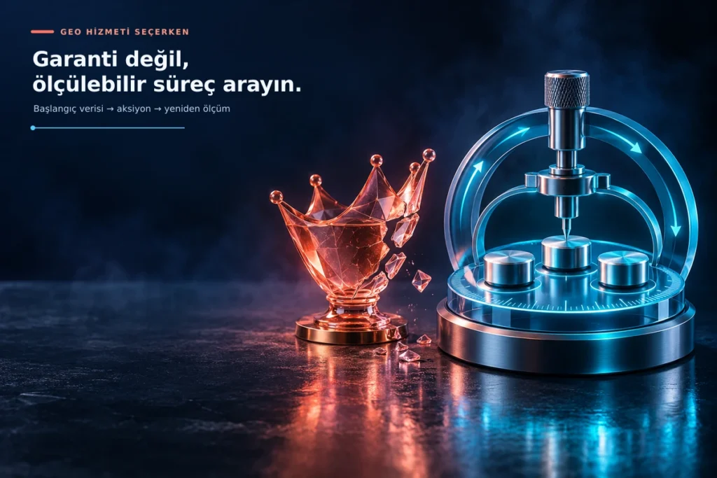 GEO hizmetinde kesin vaatler yerine başlangıç verisi, aksiyon ve yeniden ölçümden oluşan sürece bakılması gerektiğini anlatan görsel
