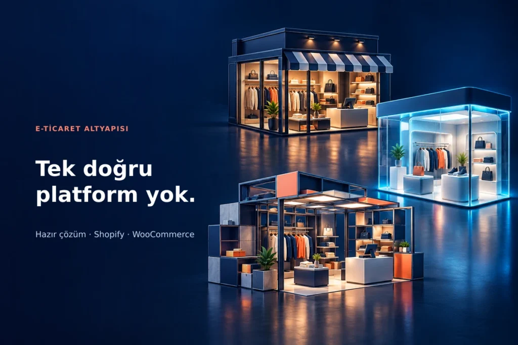 Hazır e-ticaret çözümü, Shopify ve WooCommerce modellerini temsil eden üç farklı mağaza yapısı.