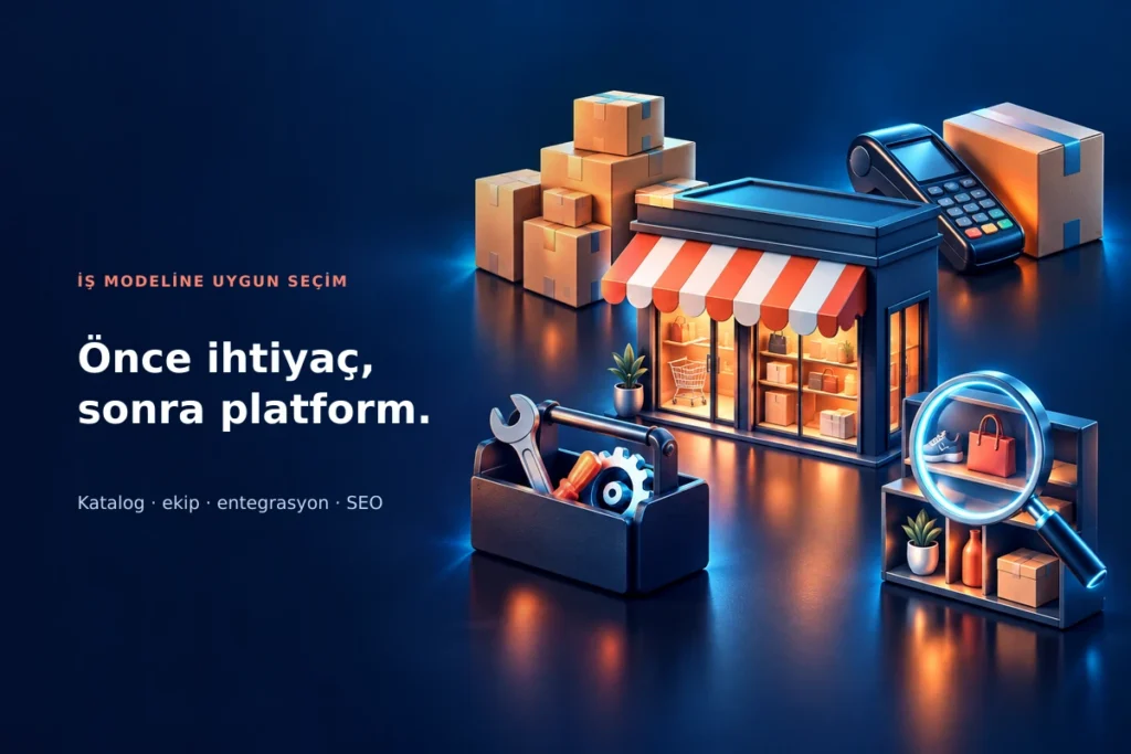 E-ticaret platformu seçimini etkileyen ürün kataloğu, entegrasyon, teknik kapasite ve SEO ihtiyaçlarını simgeleyen görsel.