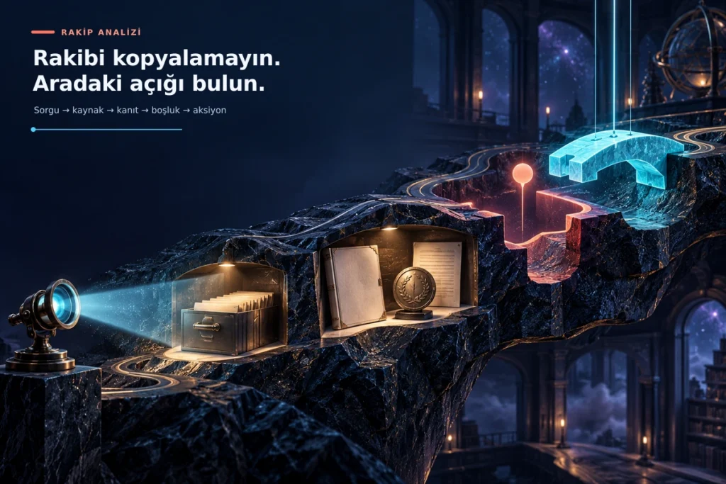 Rakip görünürlüğü analizinin sorgu, kaynak, kanıt, eksik alan ve aksiyon sırasını gösteren görsel.