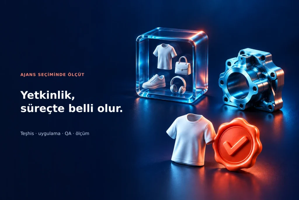 Büyük e-ticaret SEO sürecinde katalog analizi, teknik uygulama ve kalite kontrolünü temsil eden nesneler.