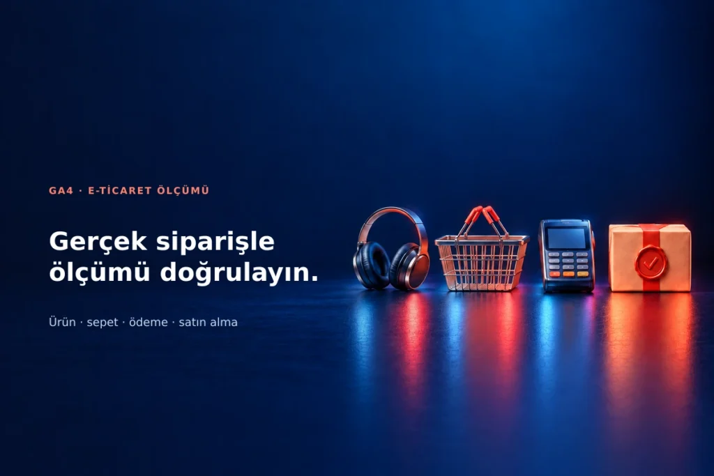 Kulaklık ürününün sepet, ödeme terminali ve onaylı paket adımlarını izlediği stilize e-ticaret ölçüm akışı.