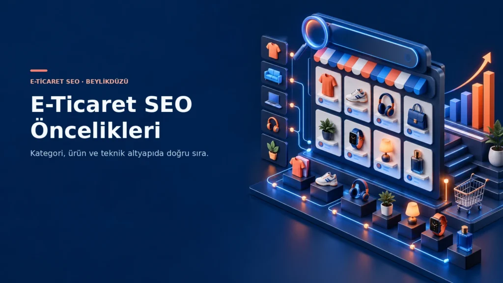 E-ticaret ürün kataloğu, arama ağı ve organik büyüme grafiğini gösteren 3D SEO kapak görseli