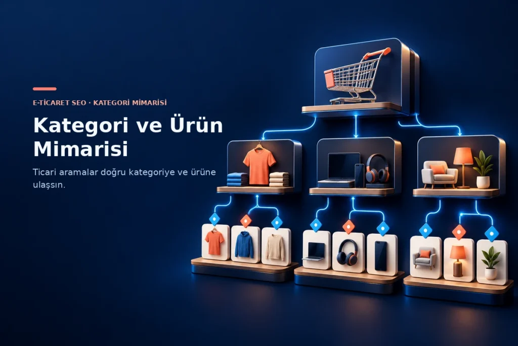 E-ticaret kategorilerini ürün gruplarına ve ürün kartlarına bağlayan site mimarisi illüstrasyonu