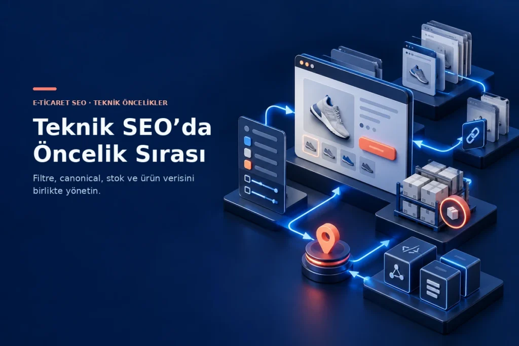E-ticaret ürün sayfası, filtreler, canonical bağlantısı, stok bilgisi ve yapılandırılmış veriyi gösteren 3D teknik SEO sahnesi