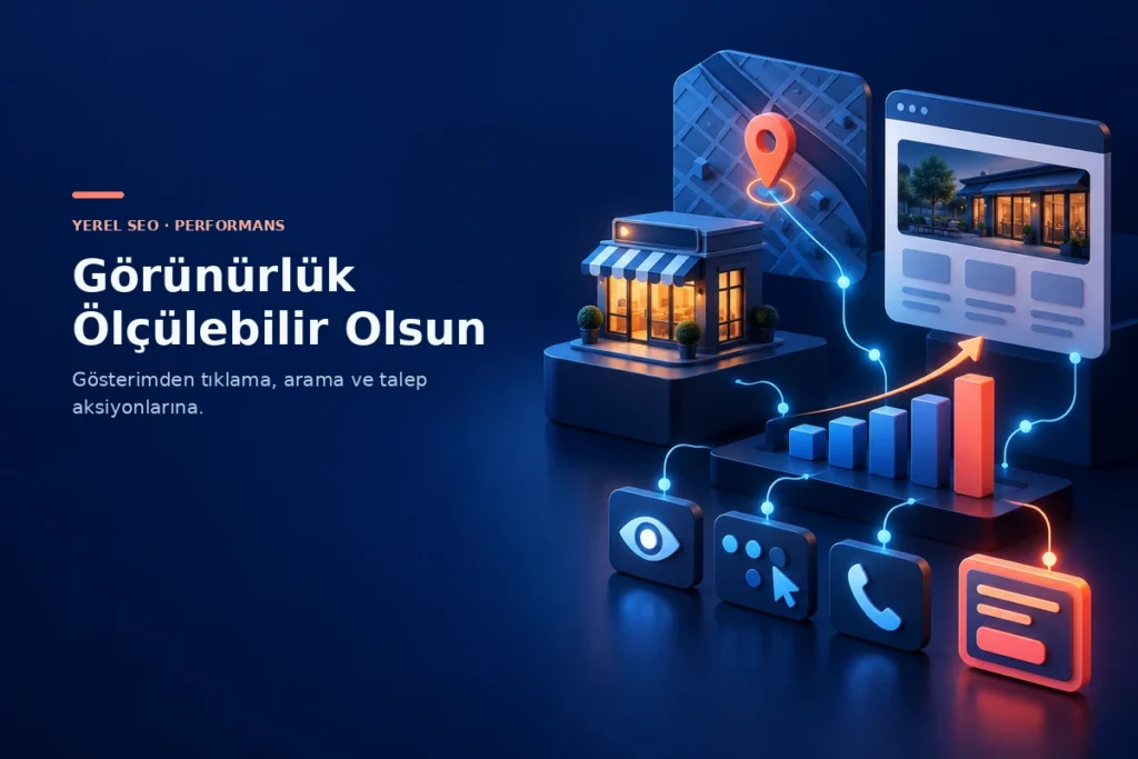 Beylikdüzü işletmesi, Google İşletme Profili ve web konum sayfasının bir arada çalışmasını gösteren 3D sahne