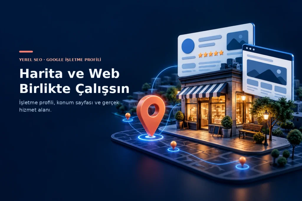 Yerel mağaza, harita işaretleri ve işletme profili kartını aynı SEO sisteminde gösteren 3D illüstrasyon