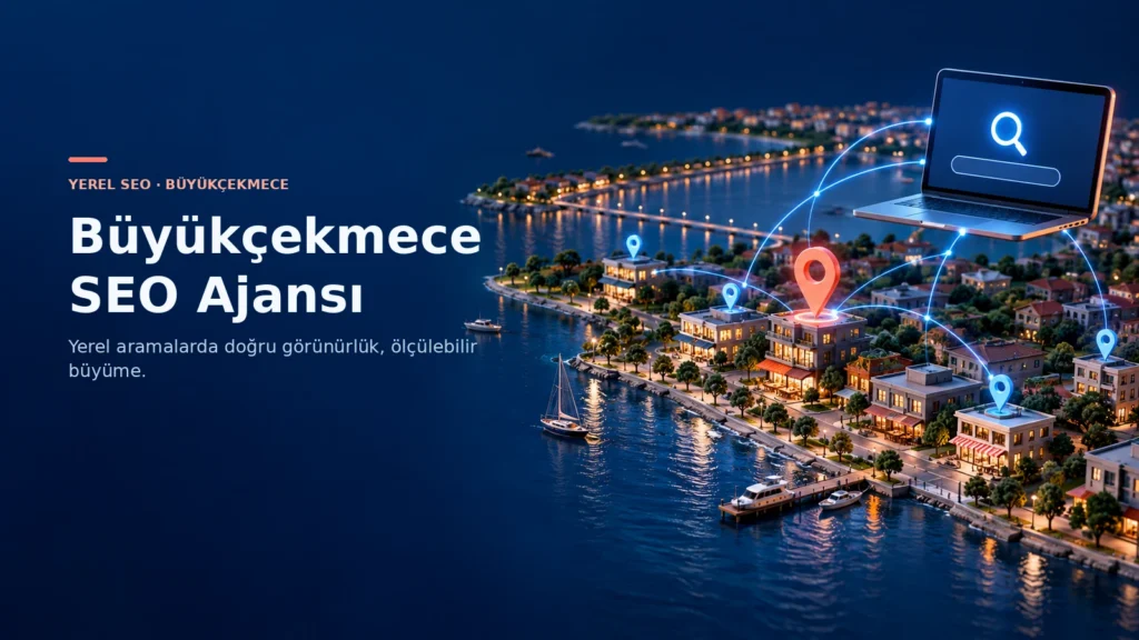 Büyükçekmece kıyı bölgesindeki işletmeleri arama ve harita ağına bağlayan yerel SEO temalı 3D görsel