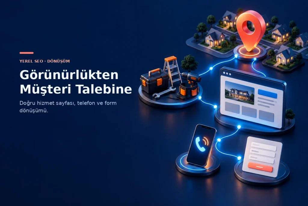 Hizmet araçları, yerel konum işaretçisi, telefon ve form aracılığıyla müşteri talebine ulaşan yerel SEO akışı