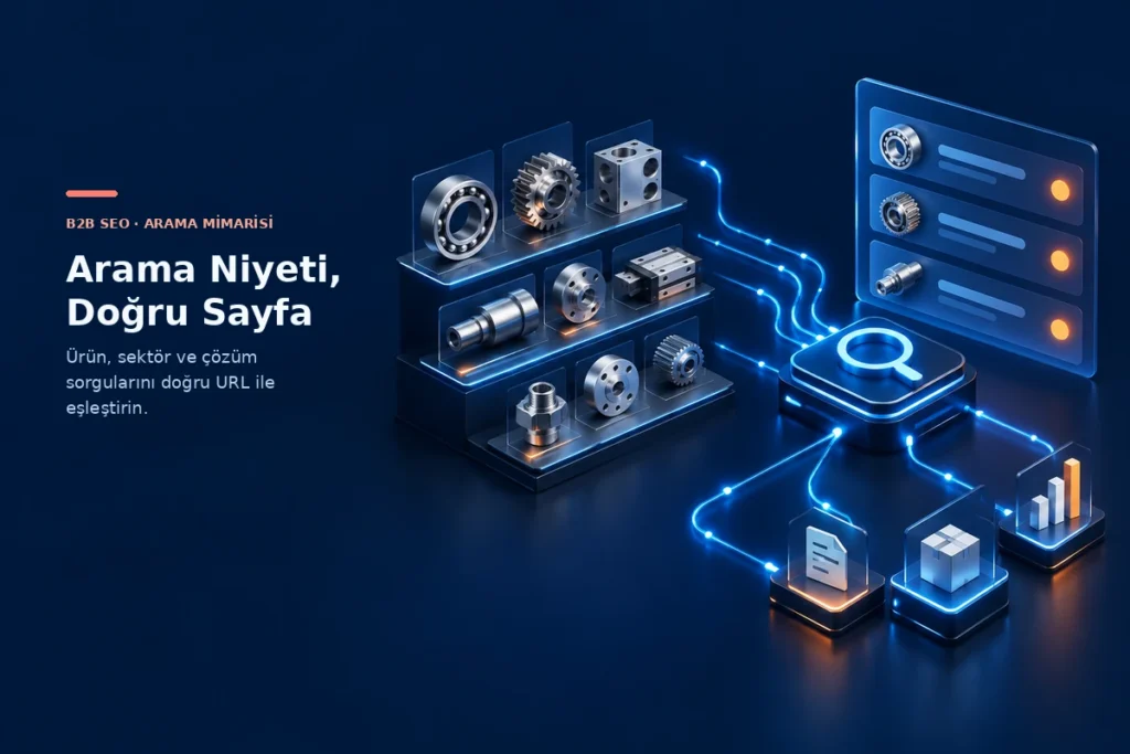 Üretim sitesinde düzenli ürün rafları, teknik SEO bağlantıları ve yükselen organik büyümeyi gösteren 3D illüstrasyon