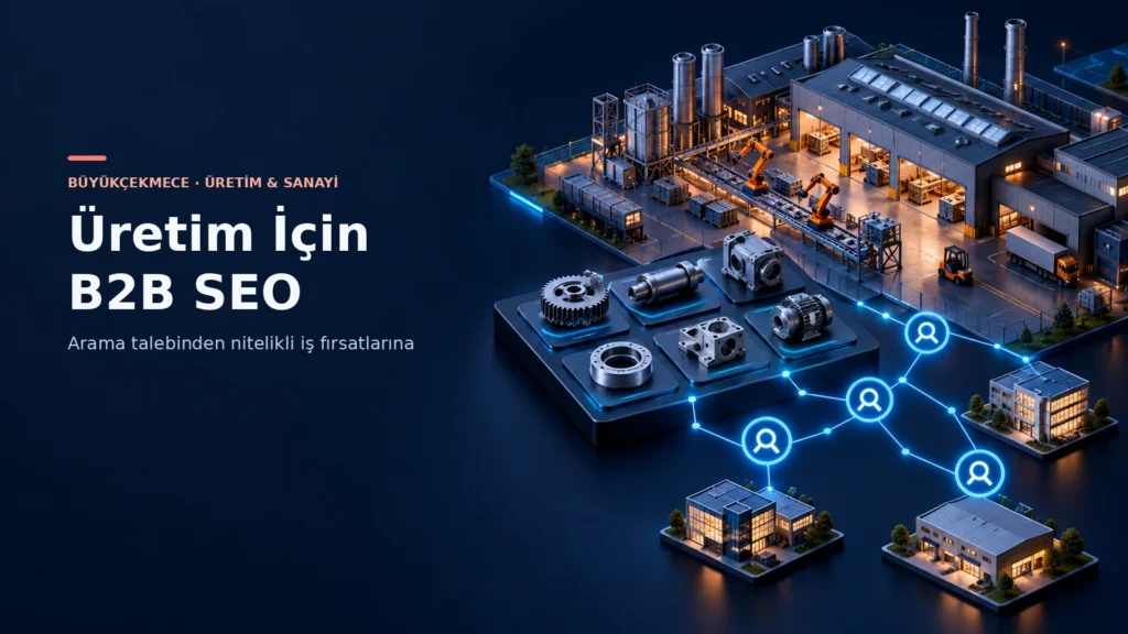 Büyükçekmece üretim firmaları için fabrika, ürün kataloğu ve B2B arama ağını gösteren 3D SEO görseli