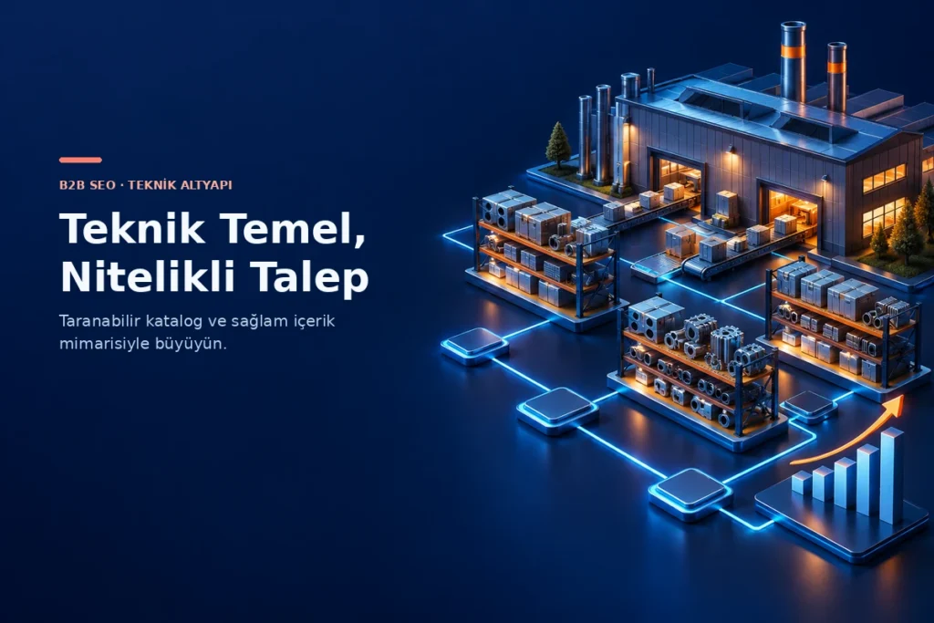 Üretim ürün kataloğunda arama, ürün kartları ve doğru sayfaya bağlanan B2B sorgularını gösteren 3D SEO illüstrasyonu